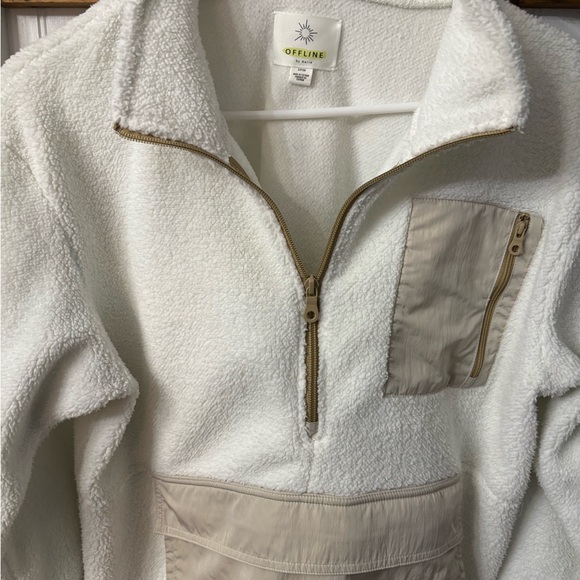 White and Tan Sherpa Pullover Jacket - Picture 2 of 6